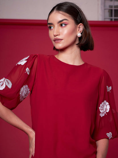 Red Floral Embroidered Puff Sleeves Dress