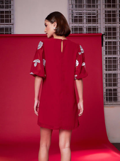 Red Floral Embroidered Puff Sleeves Dress