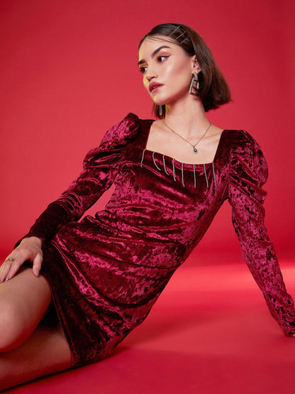 Red Velvet Puff Sleeves Bodycon Dress