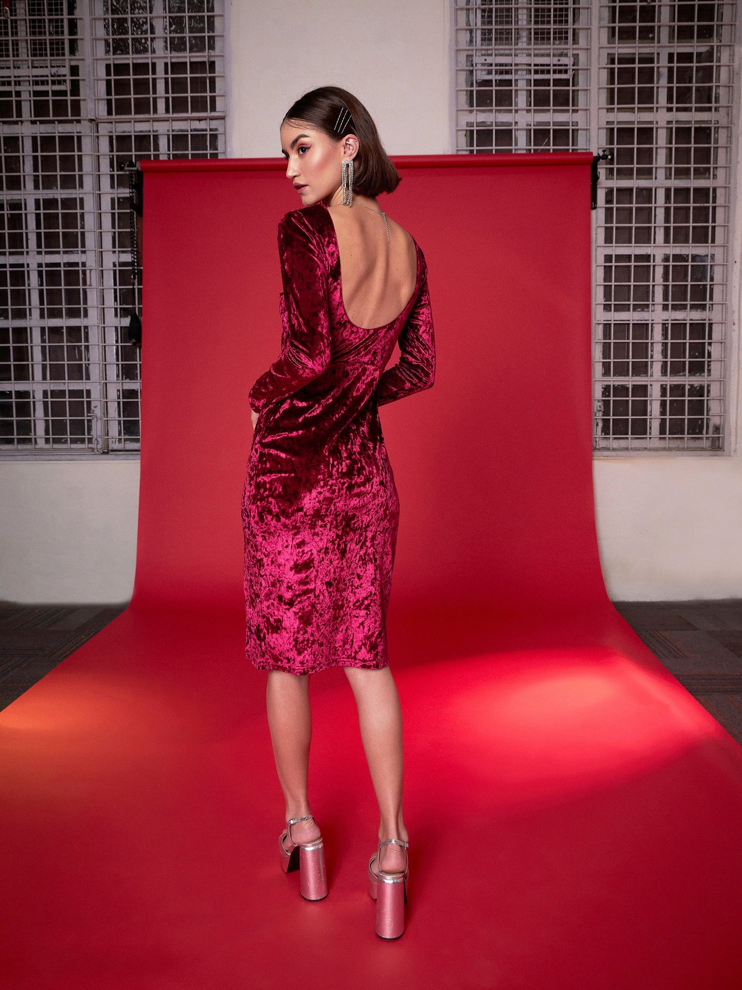 Red Velvet Side Slit Midi Dress