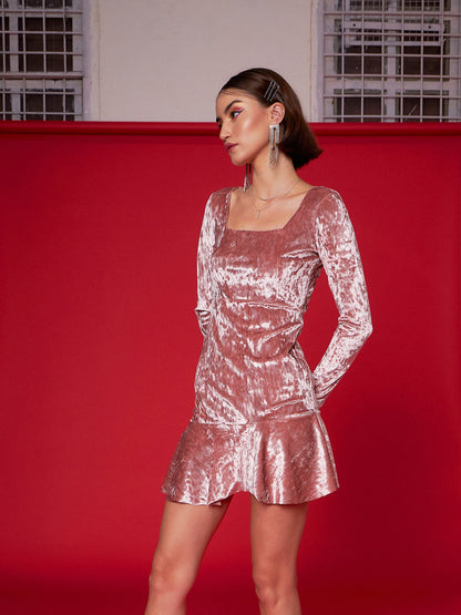 Peach Velvet Frill Hem Mini Dress