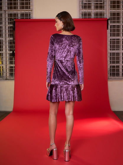 Purple Velvet Frill Hem Mini Dress
