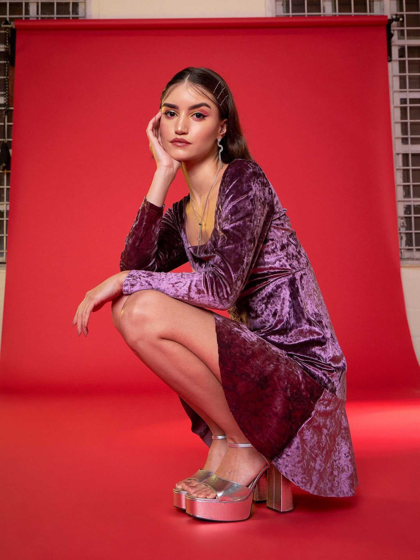 Purple Velvet Frill Hem Mini Dress