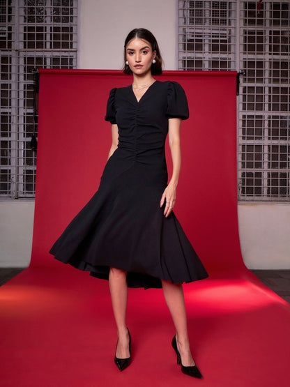 Black Front Ruched Midi Dress