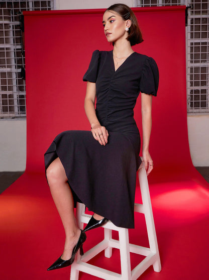 Black Front Ruched Midi Dress
