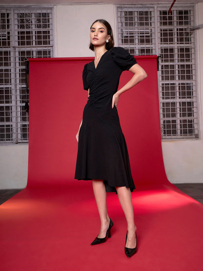Black Front Ruched Midi Dress