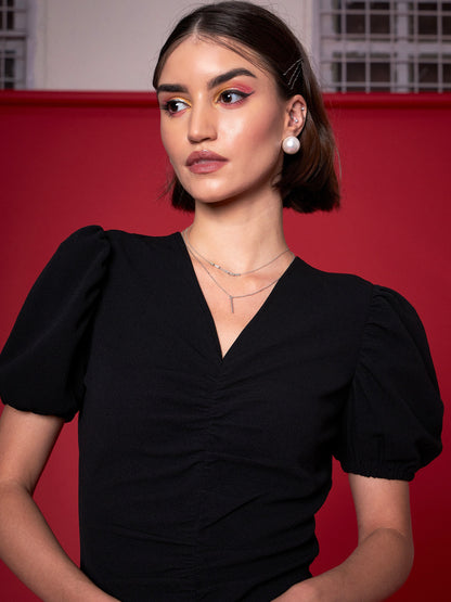 Black Front Ruched Midi Dress