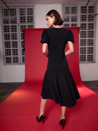 Black Front Ruched Midi Dress