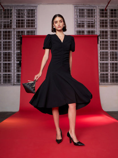 Black Front Ruched Midi Dress