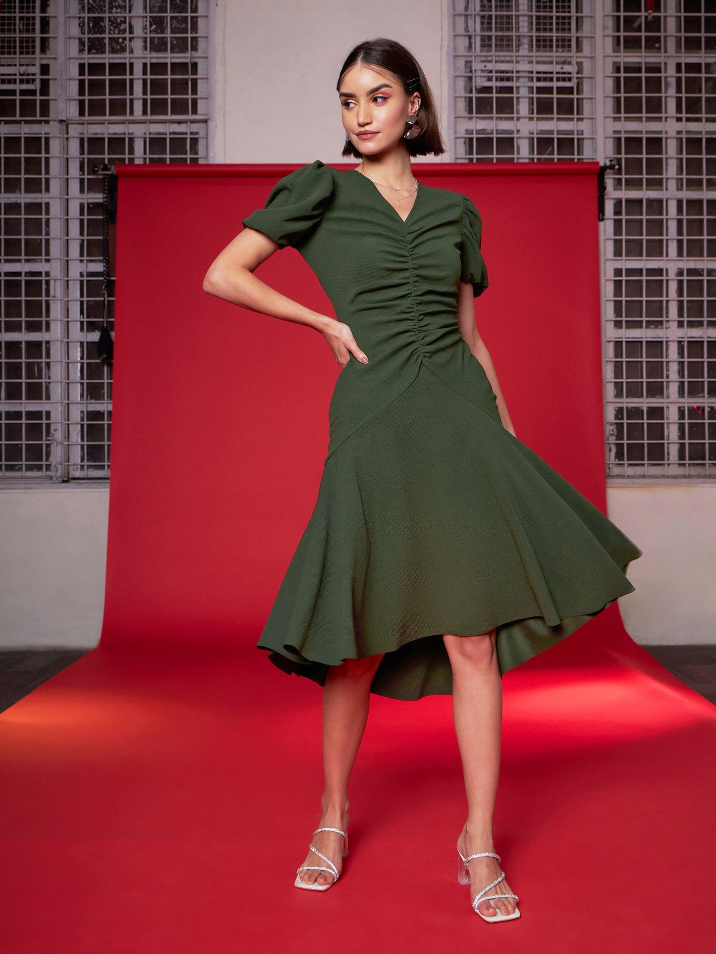 Olive Front Ruched Midi Dress
