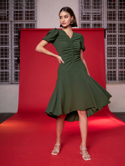 Olive Front Ruched Midi Dress