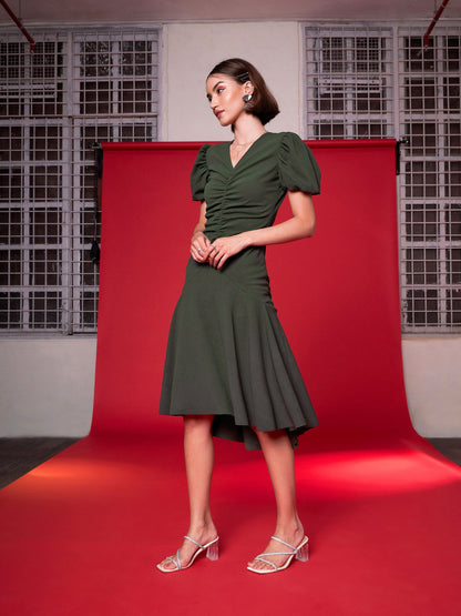 Olive Front Ruched Midi Dress
