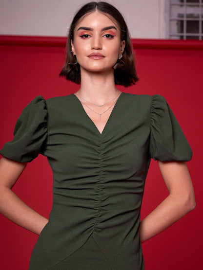 Olive Front Ruched Midi Dress