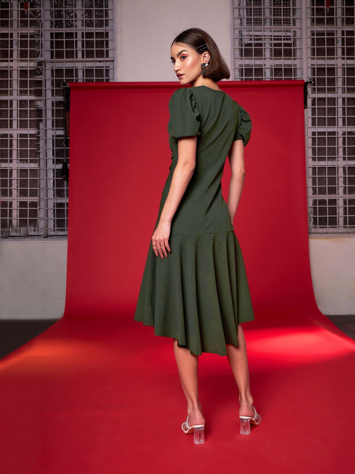 Olive Front Ruched Midi Dress