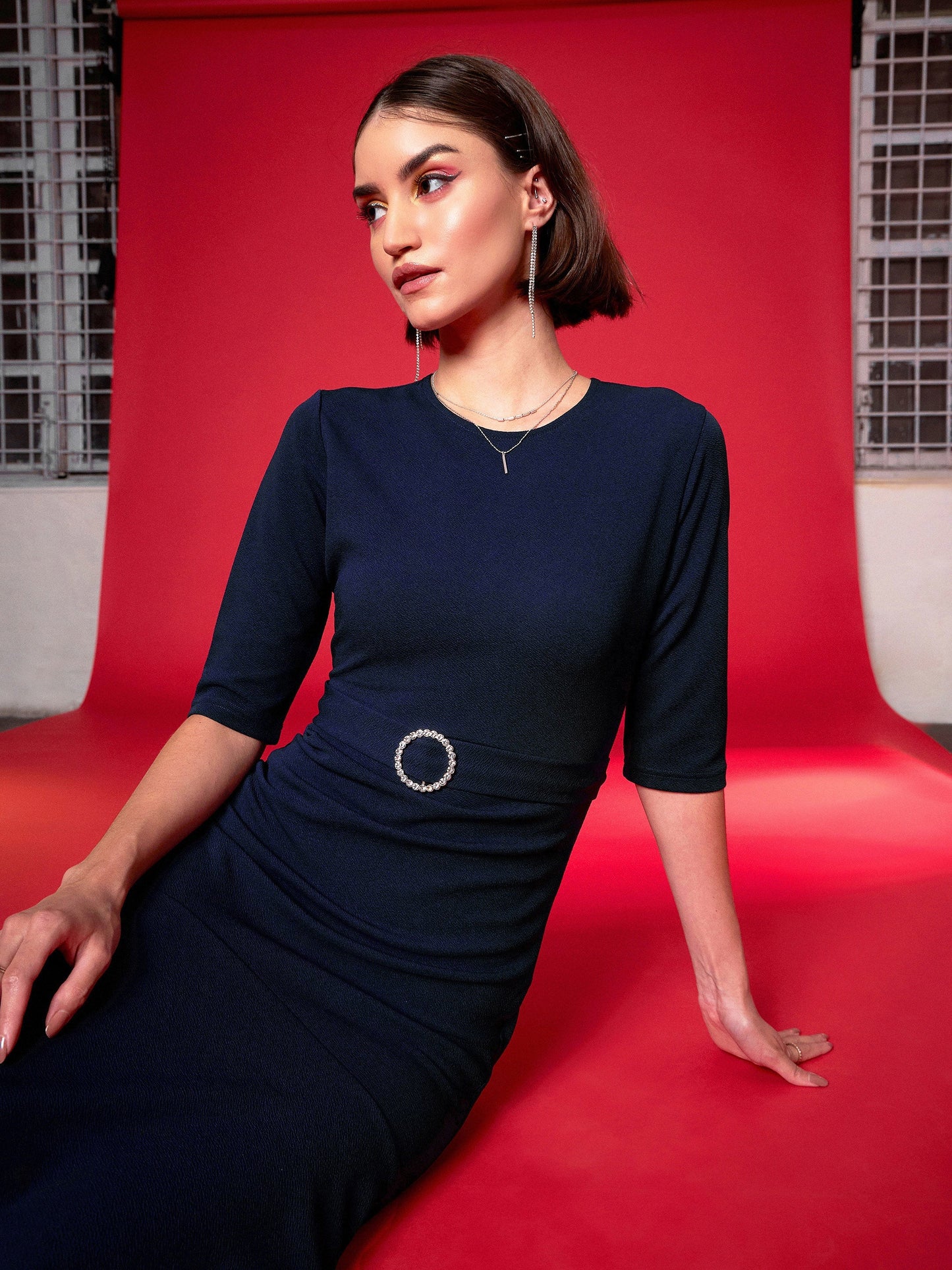Navy Frill Hem Belted Midi Dress