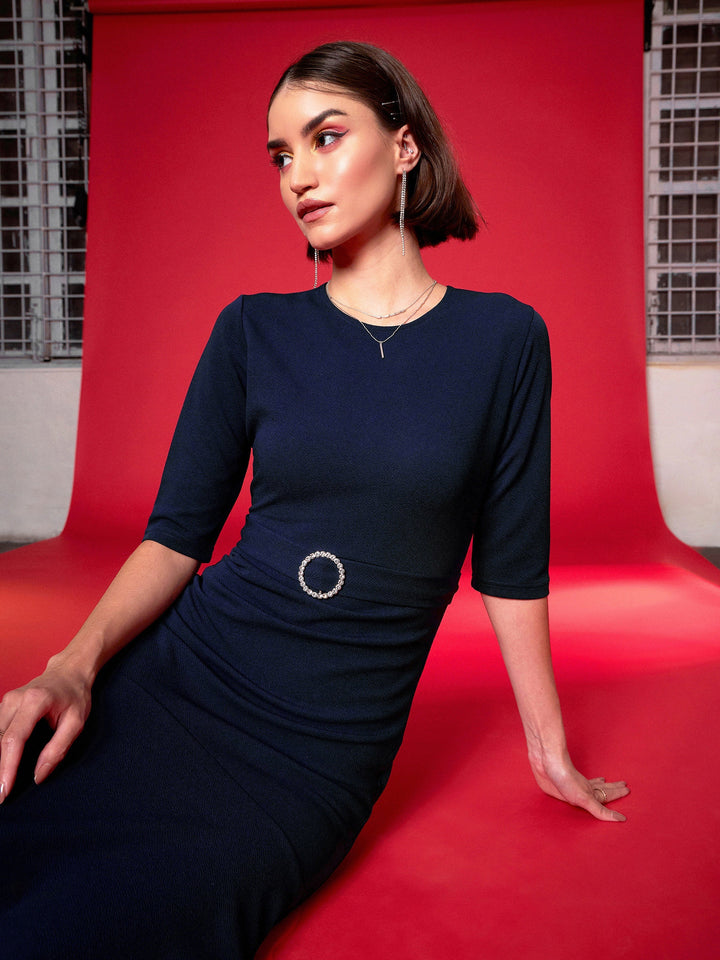 Navy Frill Hem Belted Midi Dress