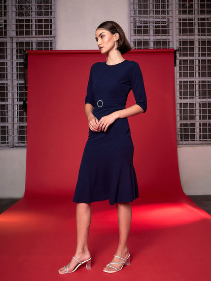 Navy Frill Hem Belted Midi Dress