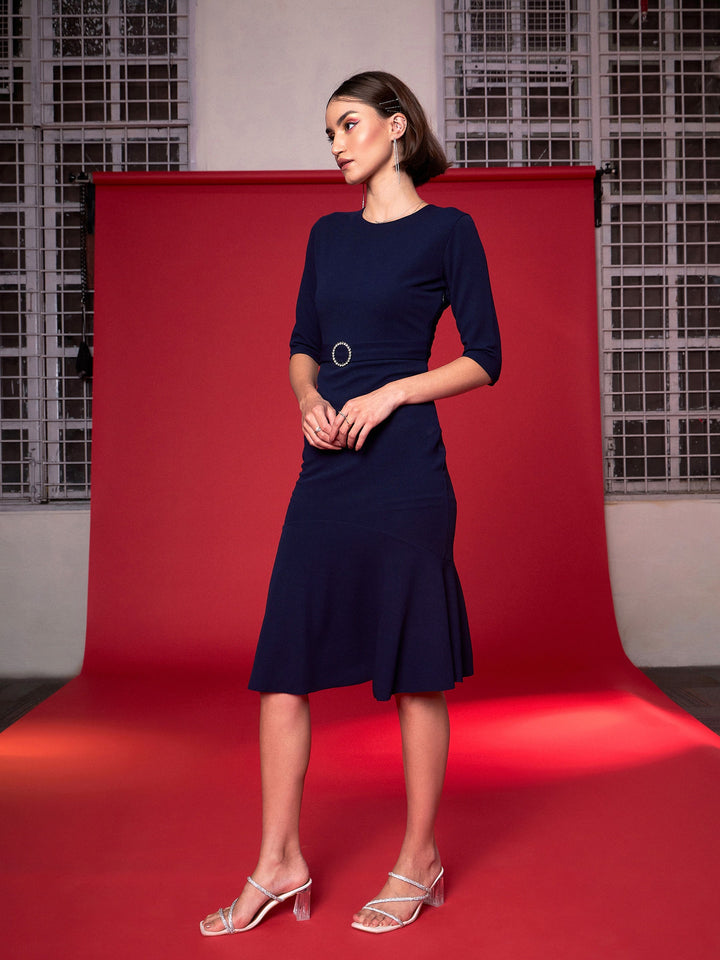 Navy Frill Hem Belted Midi Dress