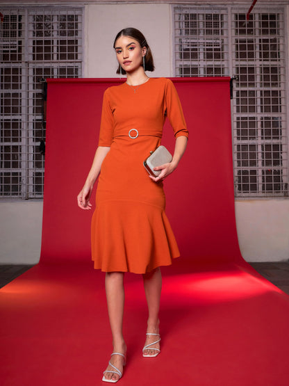 Orange Frill Hem Belted Midi Dress