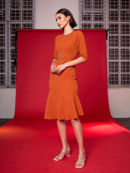 Orange Frill Hem Belted Midi Dress