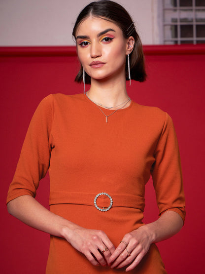 Orange Frill Hem Belted Midi Dress