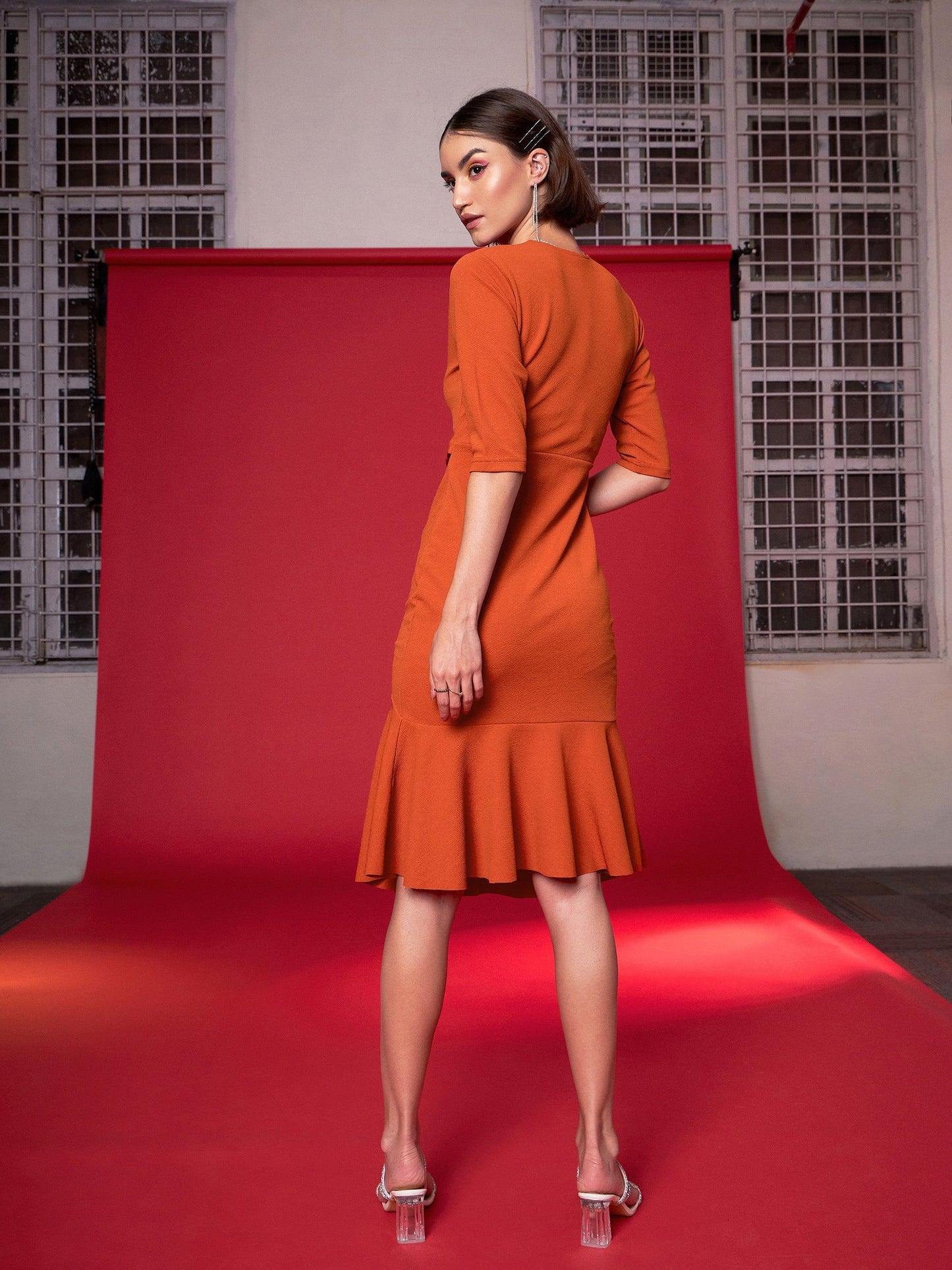 Orange Frill Hem Belted Midi Dress