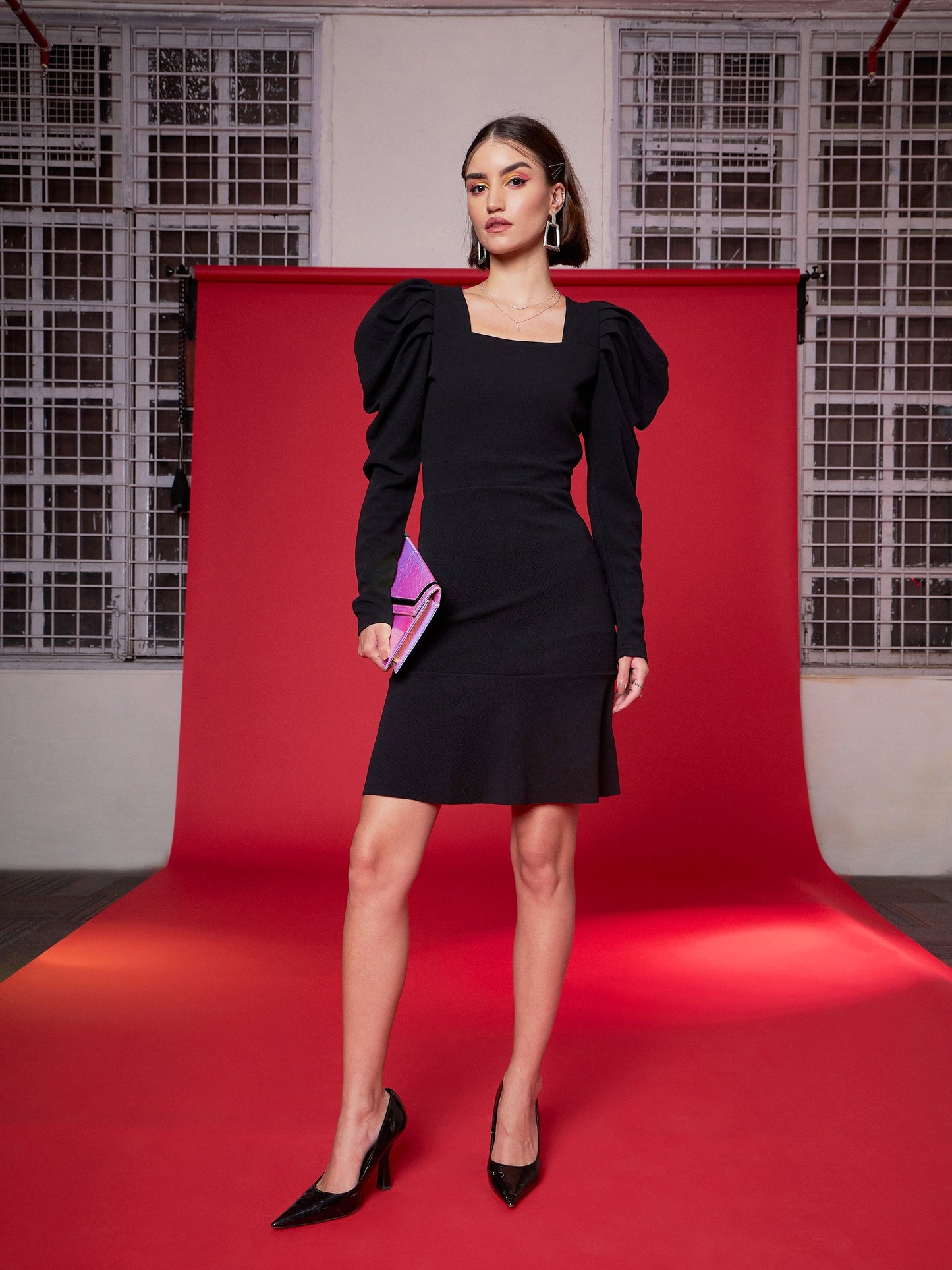 Black Puff Sleeves Frill Hem Bodycon Dress