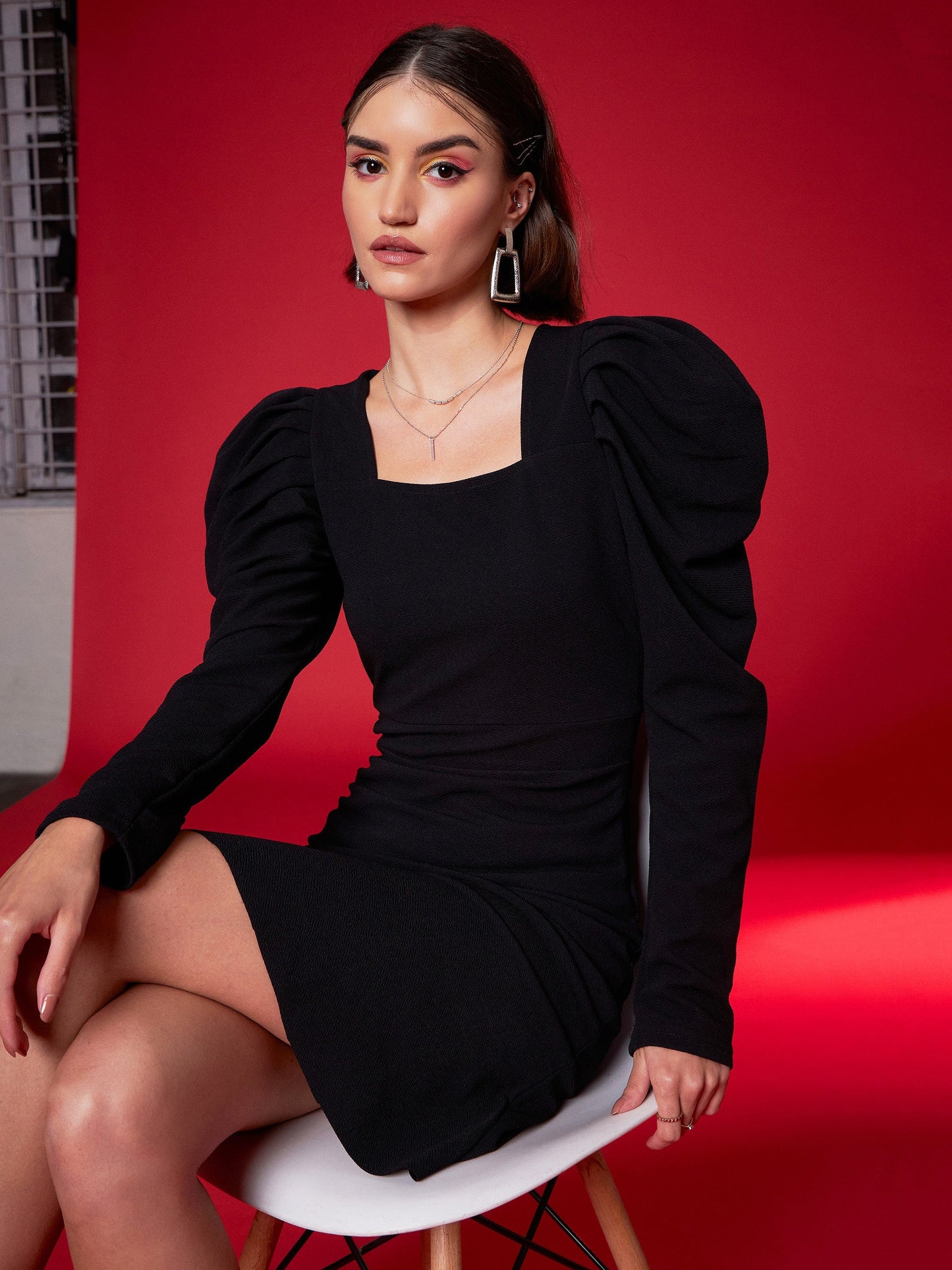 Black Puff Sleeves Frill Hem Bodycon Dress