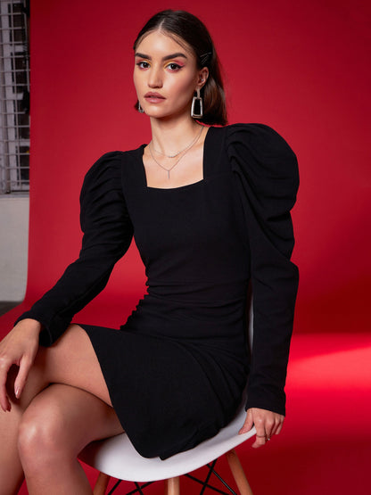 Black Puff Sleeves Frill Hem Bodycon Dress