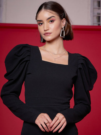 Black Puff Sleeves Frill Hem Bodycon Dress