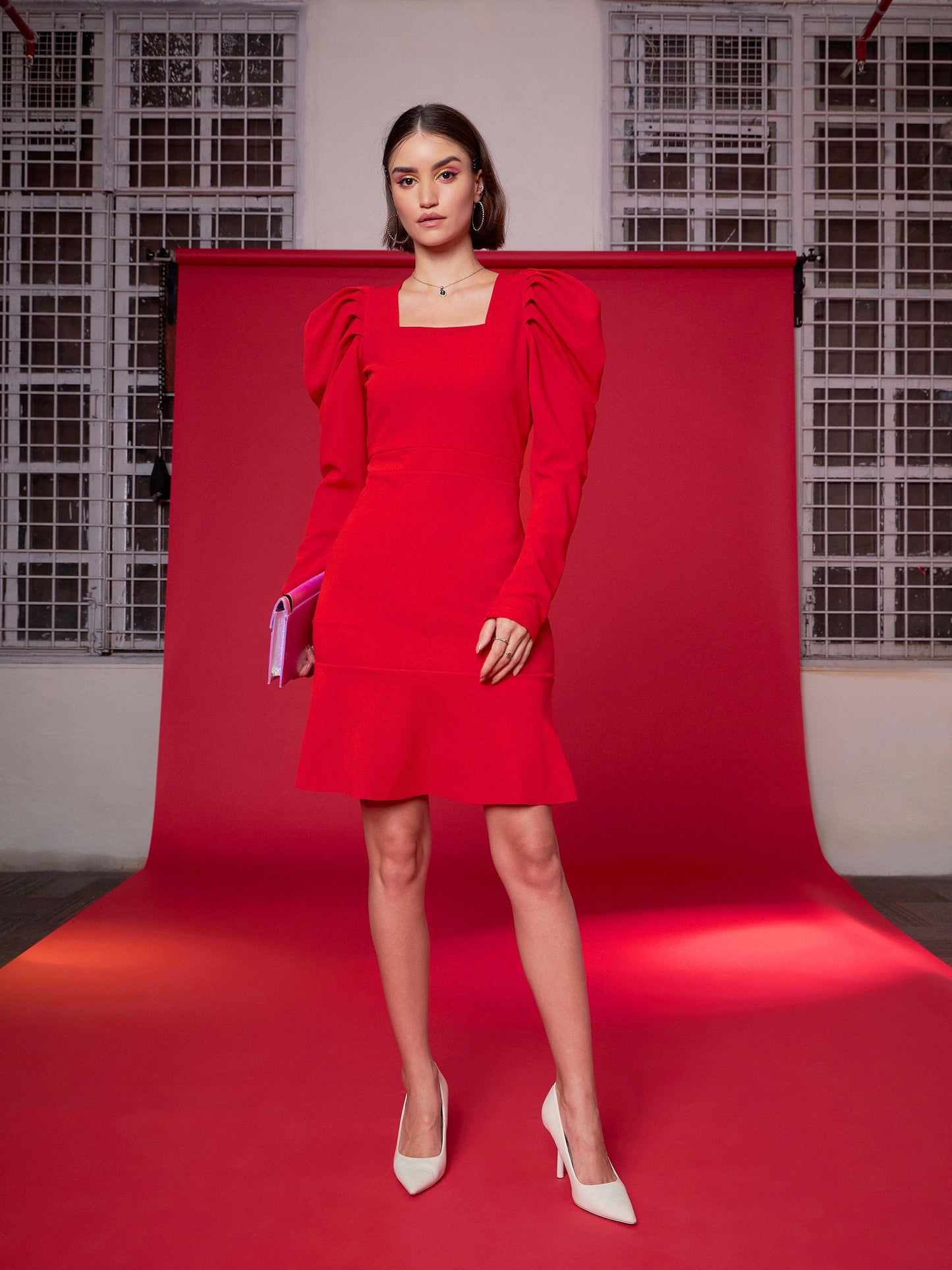 Red Puff Sleeves Frill Hem Bodycon Dress