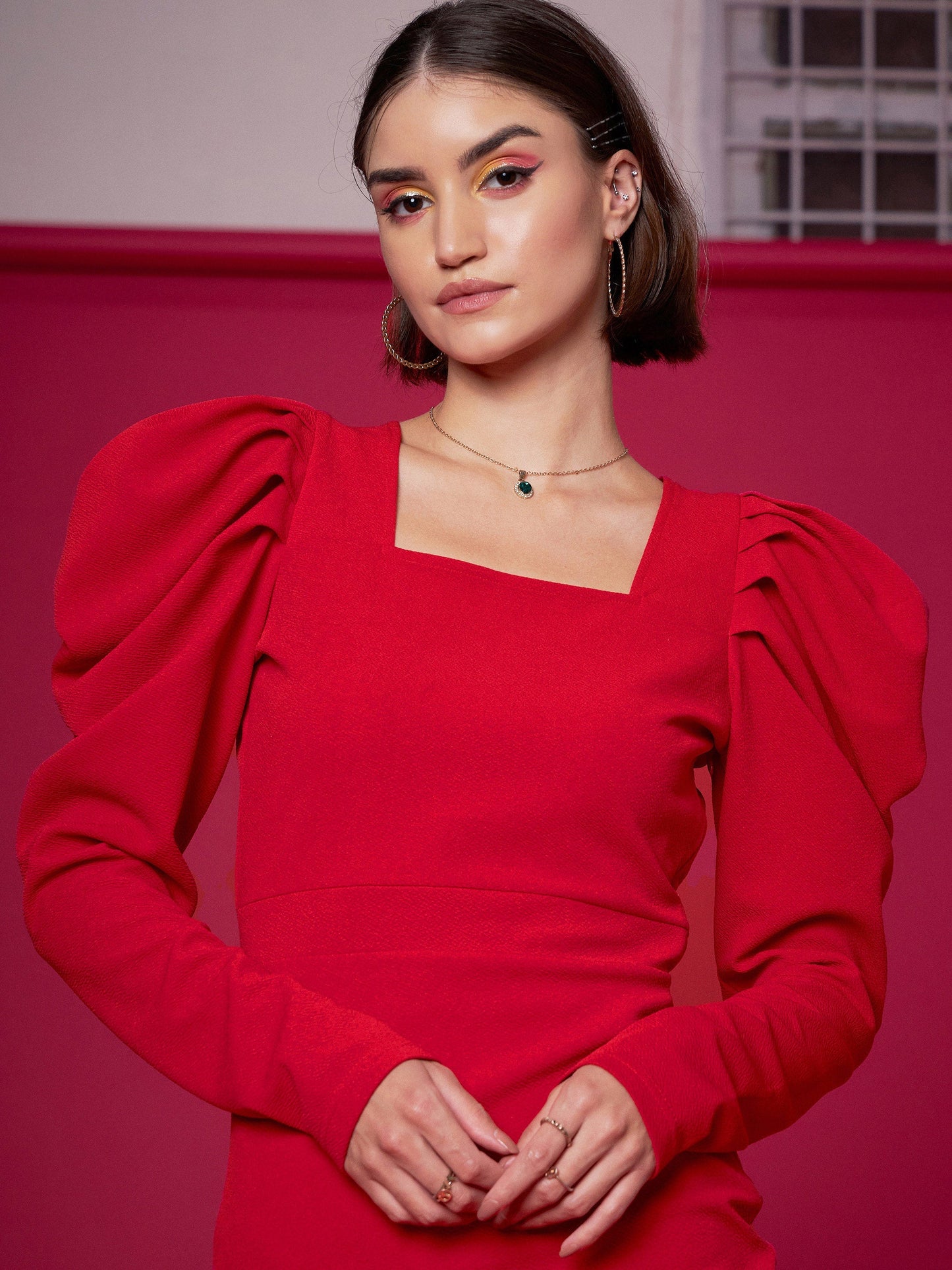 Red Puff Sleeves Frill Hem Bodycon Dress