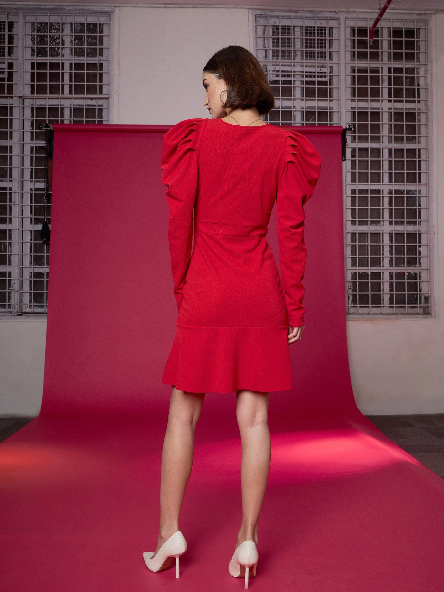 Red Puff Sleeves Frill Hem Bodycon Dress