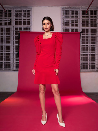 Red Puff Sleeves Frill Hem Bodycon Dress