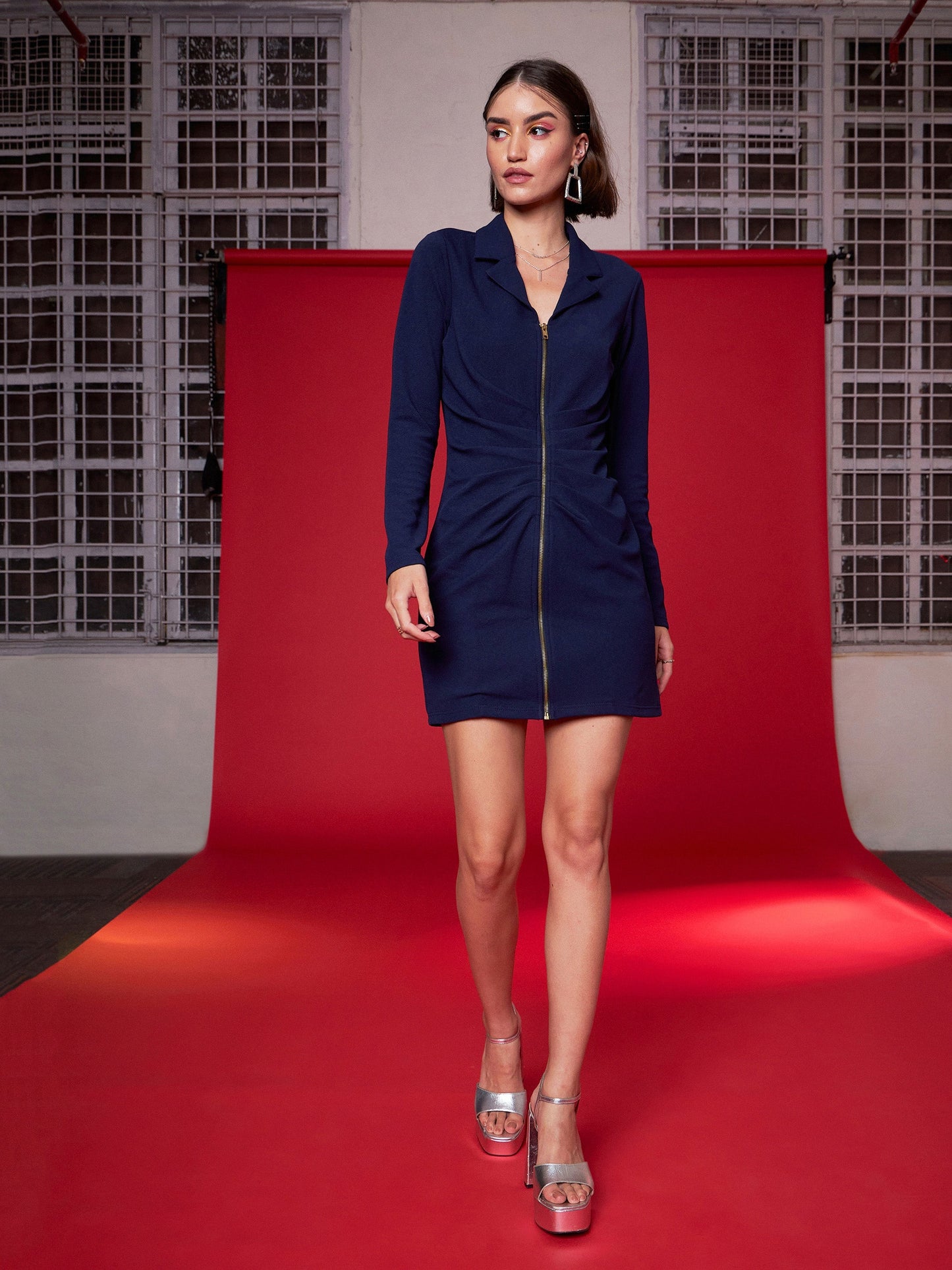 Navy Front Zipper Bodycon Dress