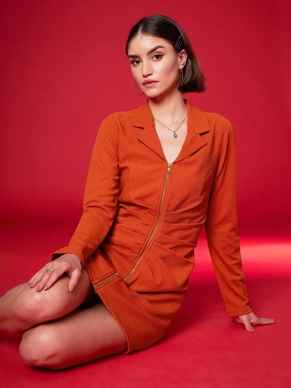 Women Orange Front Zipper Bodycon Dress