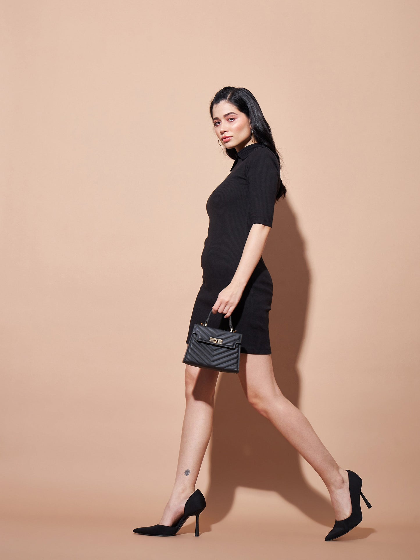 Black Stand Up Collar Bodycon Rib Dress