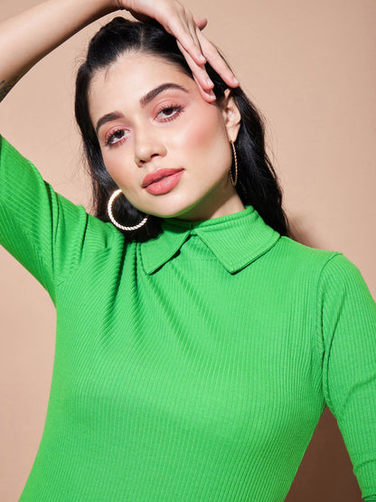 Green Stand Up Collar Bodycon Rib Dress