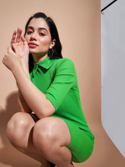 Green Stand Up Collar Bodycon Rib Dress