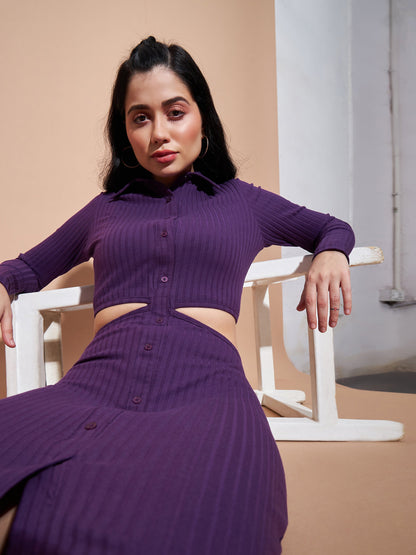 Purple Side Cut-Out Collar Bodycon Rib Dress