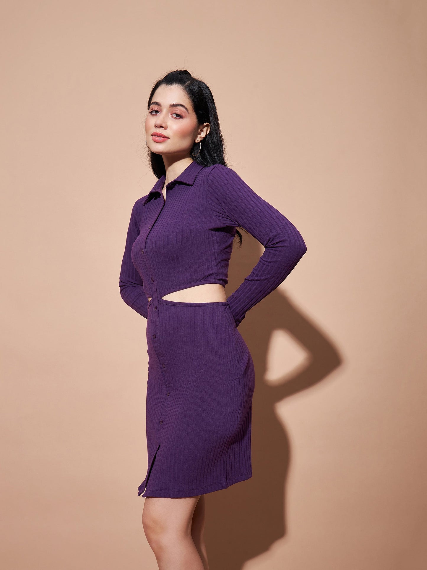 Purple Side Cut-Out Collar Bodycon Rib Dress