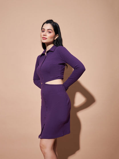 Purple Side Cut-Out Collar Bodycon Rib Dress