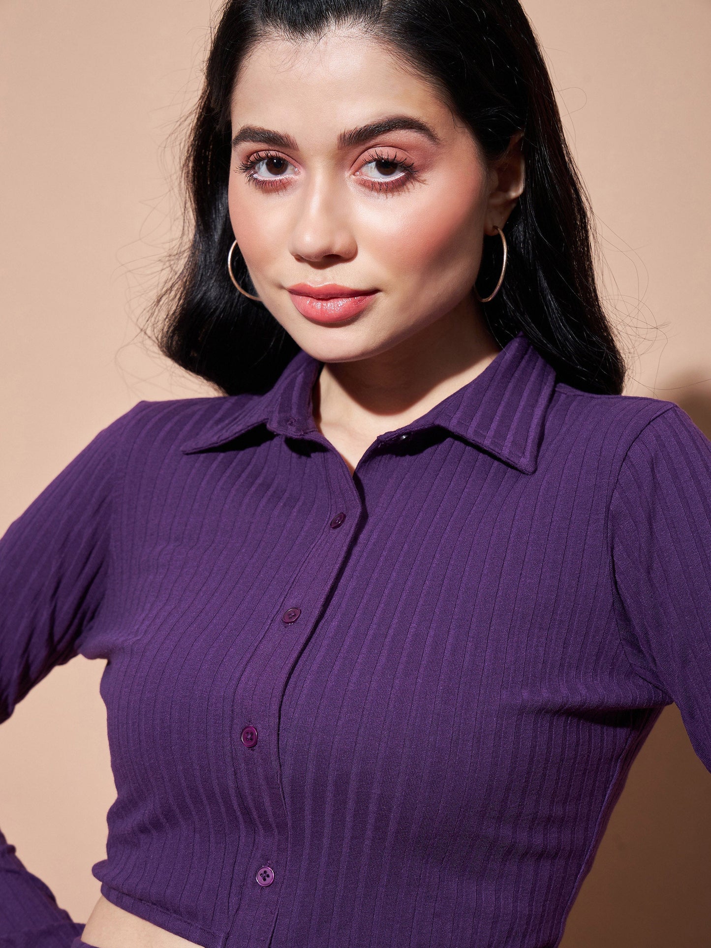 Purple Side Cut-Out Collar Bodycon Rib Dress