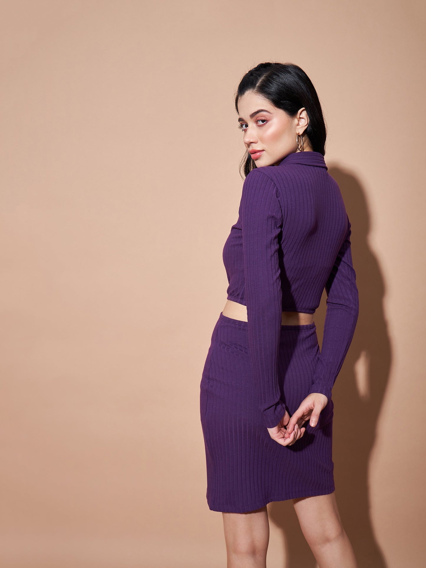 Purple Side Cut-Out Collar Bodycon Rib Dress