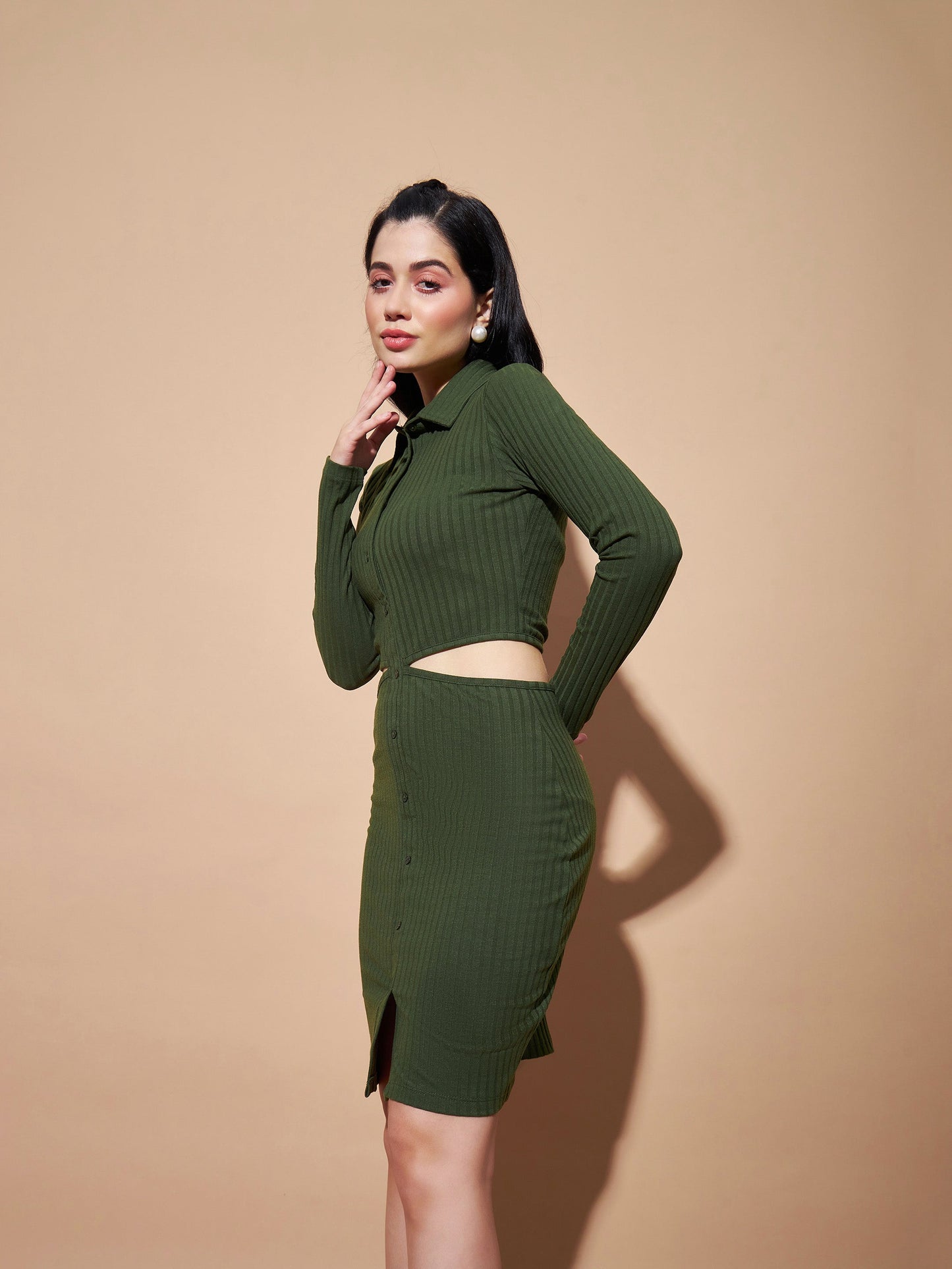 Olive Side Cut-Out Bodycon Rib Dress