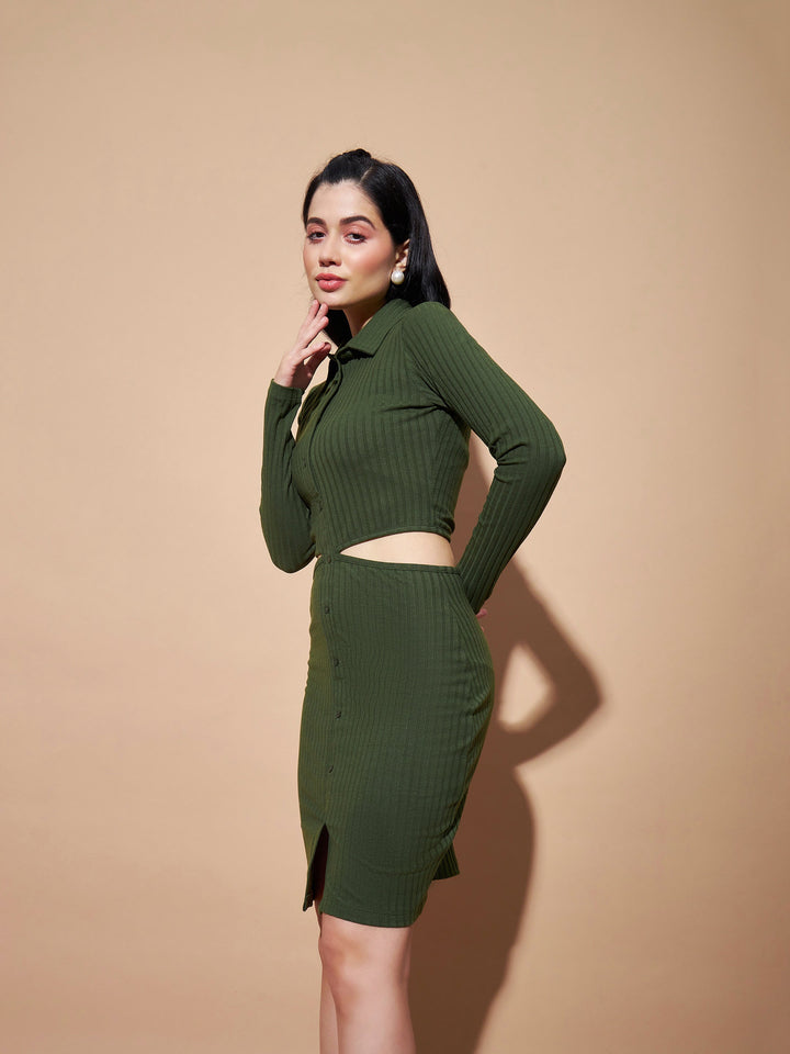 Olive Side Cut-Out Bodycon Rib Dress