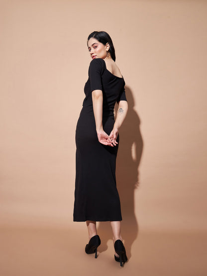 Women Black Side Slit V-Neck Rib Maxi Dress