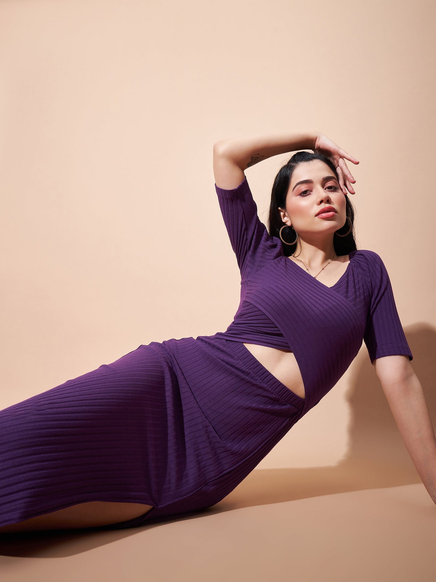 Purple Side Slit V-Neck Rib Maxi Dress