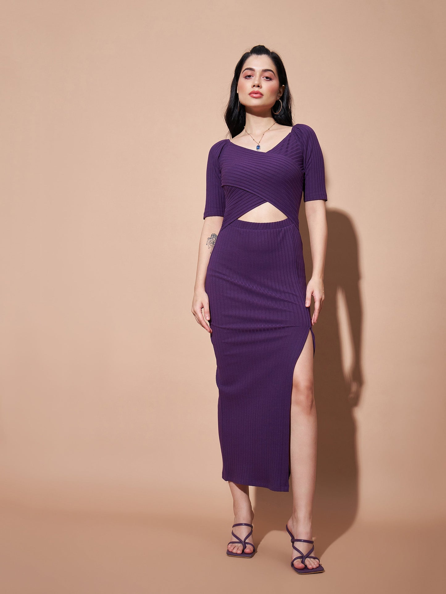 Purple Side Slit V-Neck Rib Maxi Dress