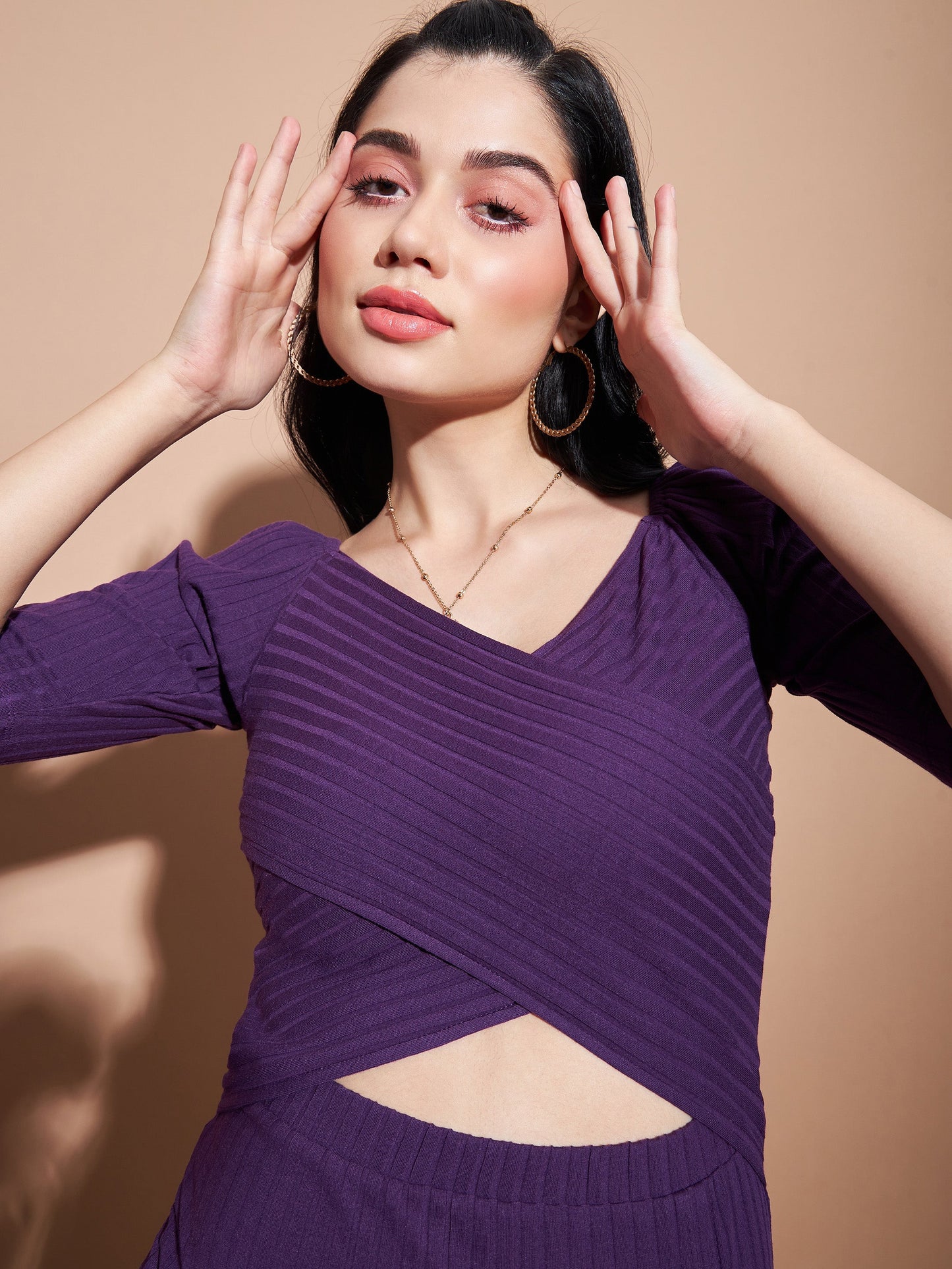 Purple Side Slit V-Neck Rib Maxi Dress